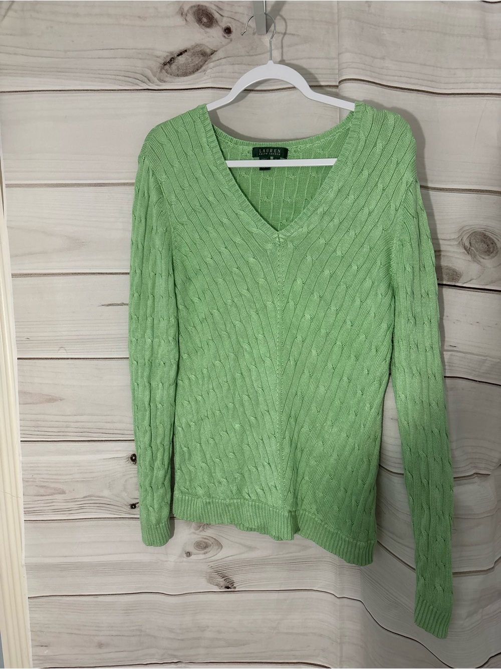 Ralph Lauren Light Green V-Neck Cable Knit Sweater